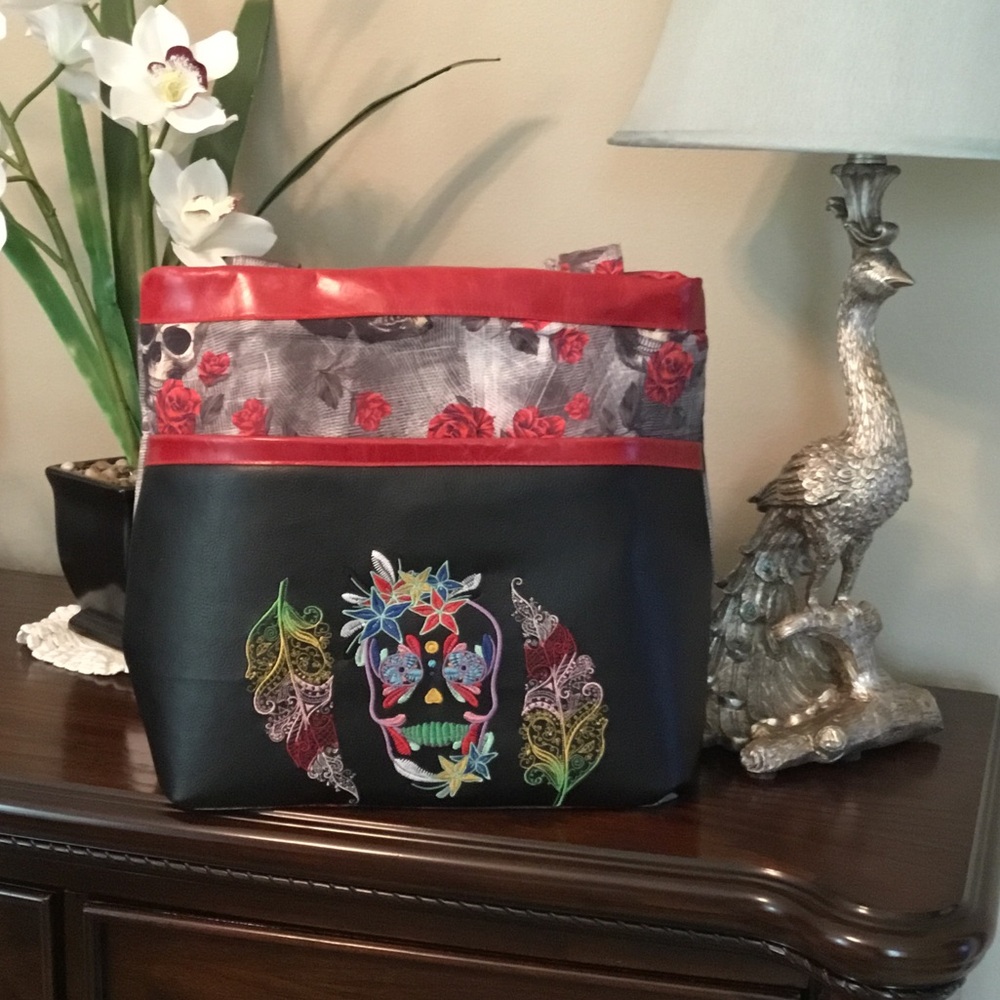 Custom Black Vinyl & Fabric Tote w/Red Trim & Vibrant Sugar Skull Embroidery